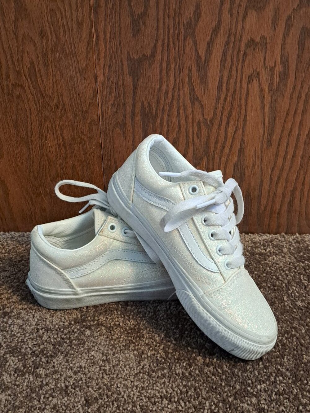 Vans old skool Kids Sz 1 Glitter White Classic Skateboard sneakers shoes - Picture 2 of 10